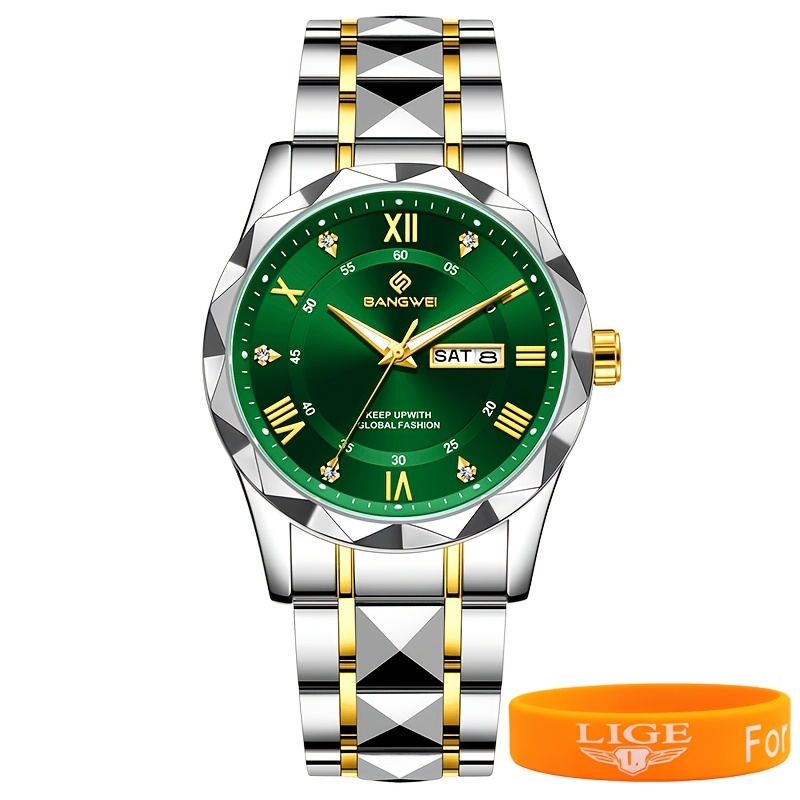 Men's Quartz Watch - Case, Green Roman Dial, Date Window, Accented Strap. A , Stylish Ideal For Men Favoring Elegant, Versatile Everyday Accessories.