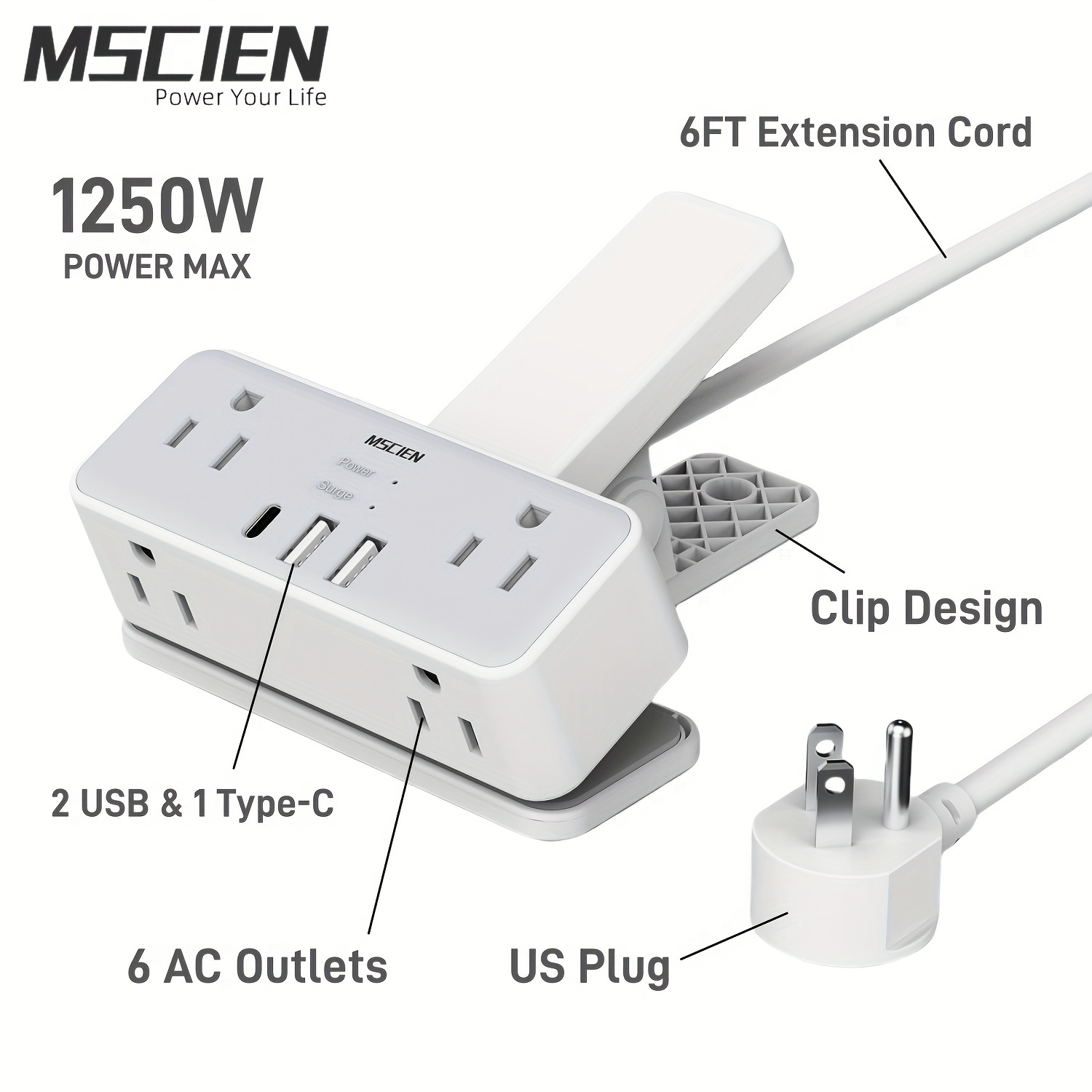 

Mscien 1pc Us Plug With 2 Usb Type-c , 6ft Extension Cord, Protector 6 Ac Outlets Sockets For Home Office, Clamp Desks, Tables, Shelves, Beds And Workbenches To Use, 1250w