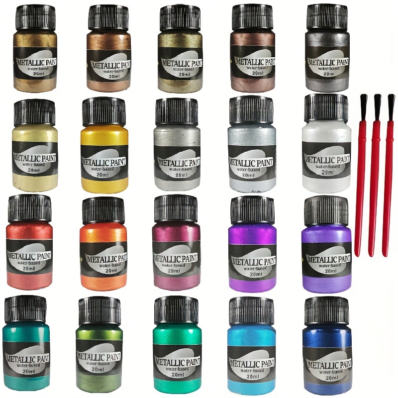 Image of 20 Colors Metallic Acrylic Paint Set Metallic Paint Rich Pigments - For Artists, Hobby Painters, Beginners To Paint On Rocks, Faux Leather, Ceramics, Glass, Textile, 20ml/bottle