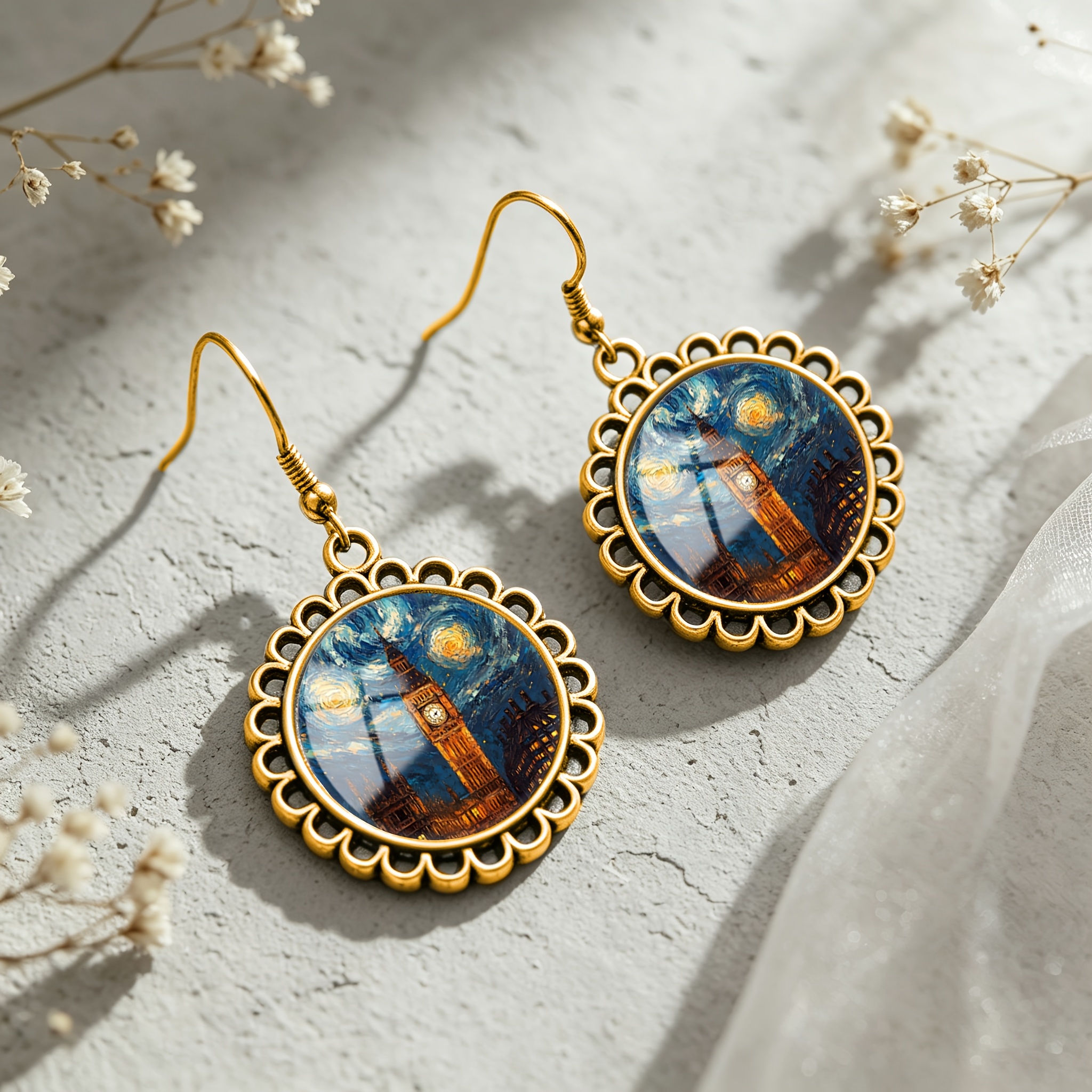 Vintage Big Ben Starry Night Pattern Round Earrings
