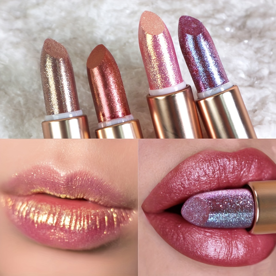 

Sparkling Metallic Lipstick With Gold Glitter - Shimmering Nude, Peach, Pink & Mocha Red Shades For All Skin Types - Formaldehyde-free, Perfect For Parties & Cosplay