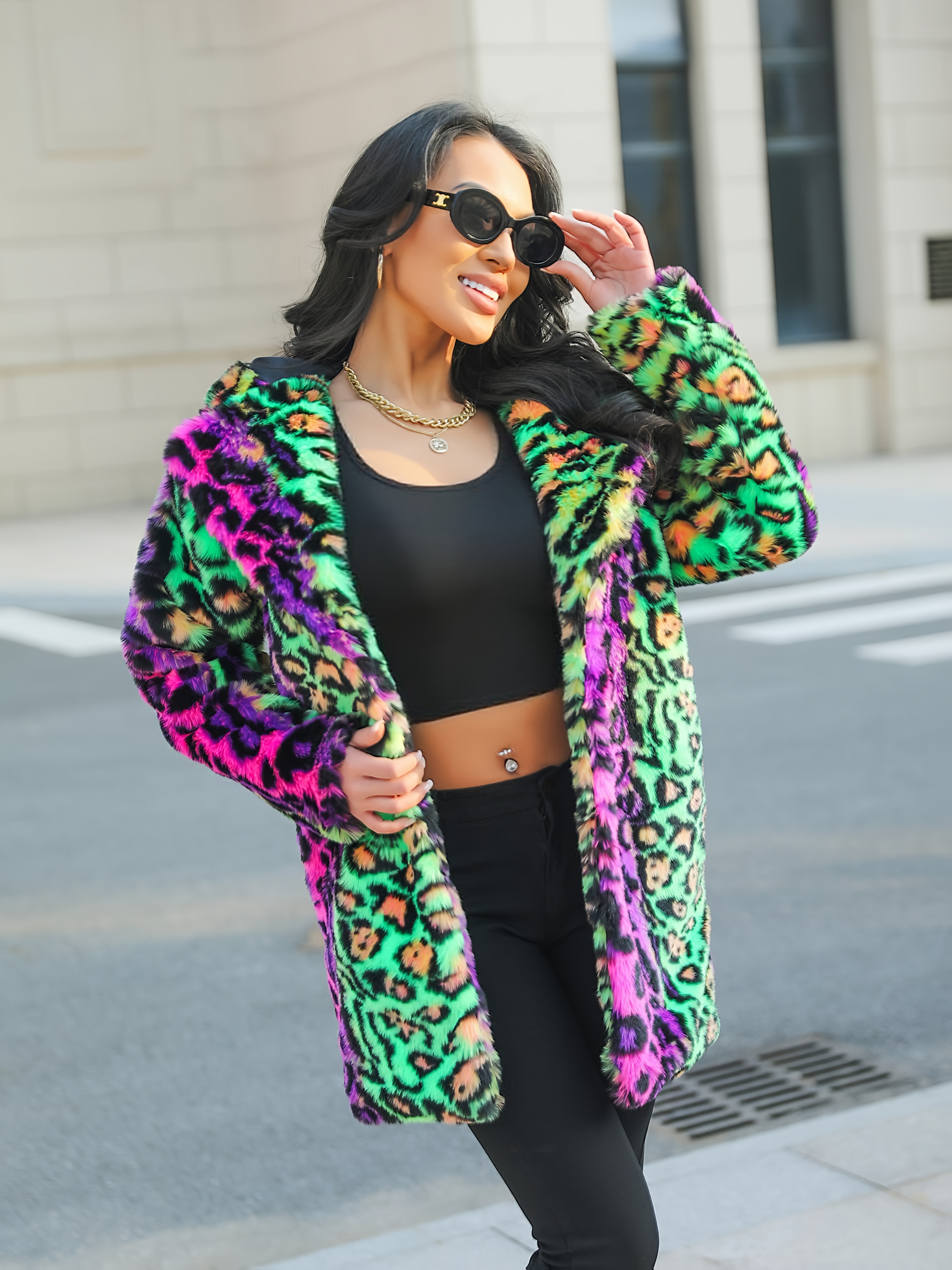womens neon leopard print fur hooded coat length Temu