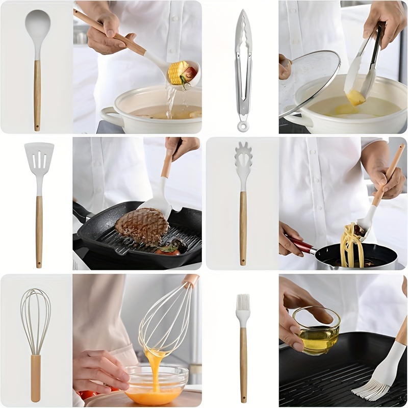12pcs wooden handled silicone kitchenware 12pcs set heat resistant silicone spatula spoon s d spoon pasta grabber soup spoon non stick cooking spoon set kitchen cooking tools silicone kitchenware Product details 2