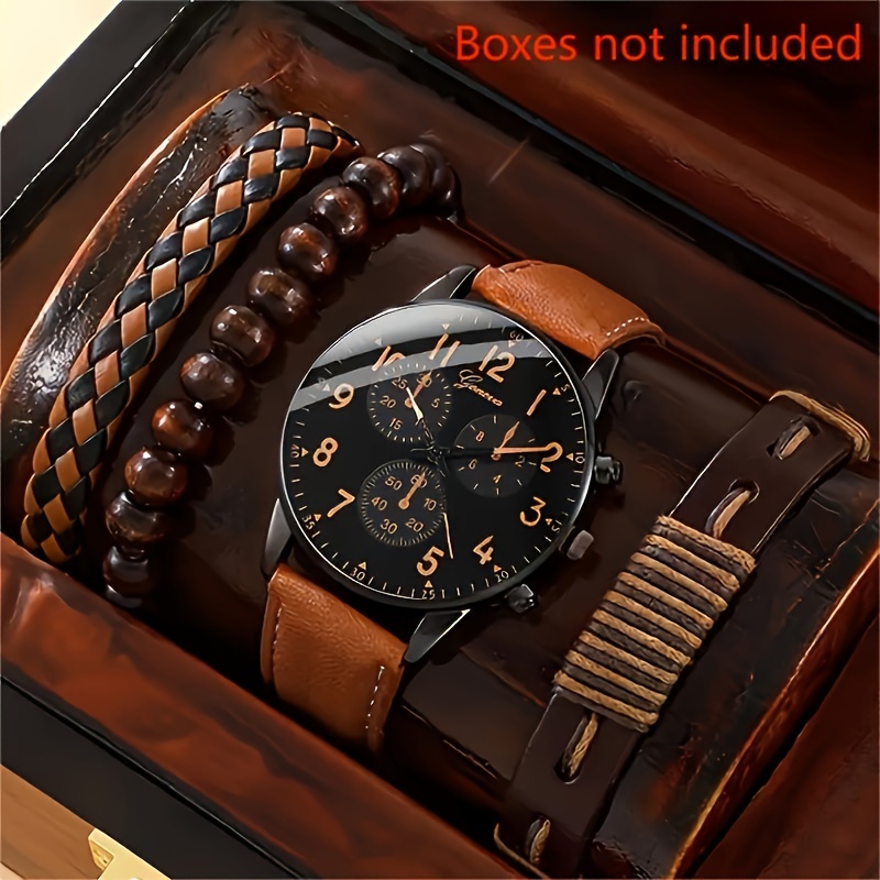 

4pcs Men's Watch Set Jewelry Casual Men's Quartz Watch And 3 Leather Fashion Casual Bracelets