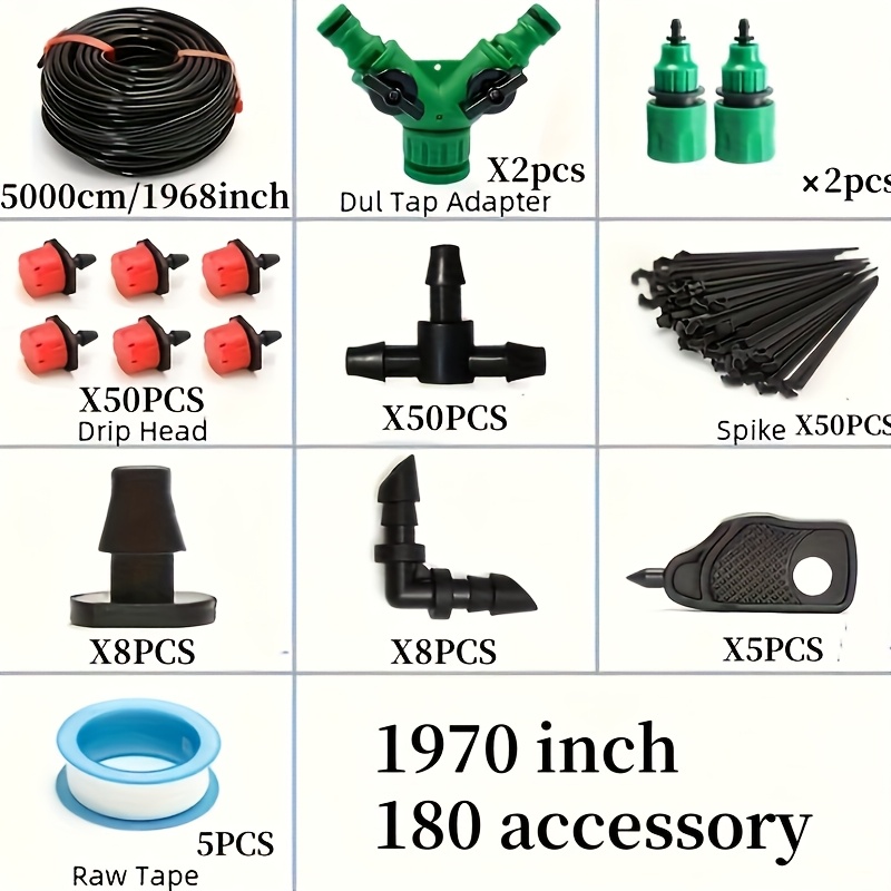 E-shop Das 1970 Zoll-Wasserschlauch-Set beinhaltet 180 Zusatzteile/verstellbares Garten-Tropfbewässerungs-Kit - inklusive Adapter-Düsenverbinder, kann