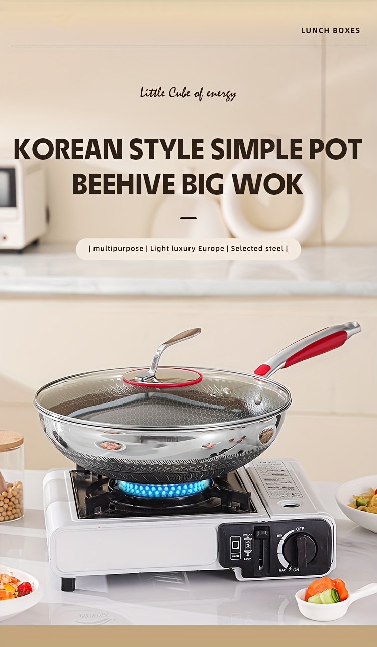 1pc 304 stainless steel wok 3 layer thickened large capacity   easy to clean non slip handle compatible with all stoves dishwasher safe multi purpose cooking ideal for stir frying simmering steak   home kitchen use details 0