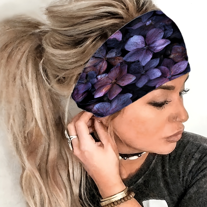 TEMU 2d Flat Purple Hydrangea Print Headband, Wide Brim, Non-slip, Breathable, Elastic, Design, Fashionable Hair Accessory For Yoga, Gym, Running,