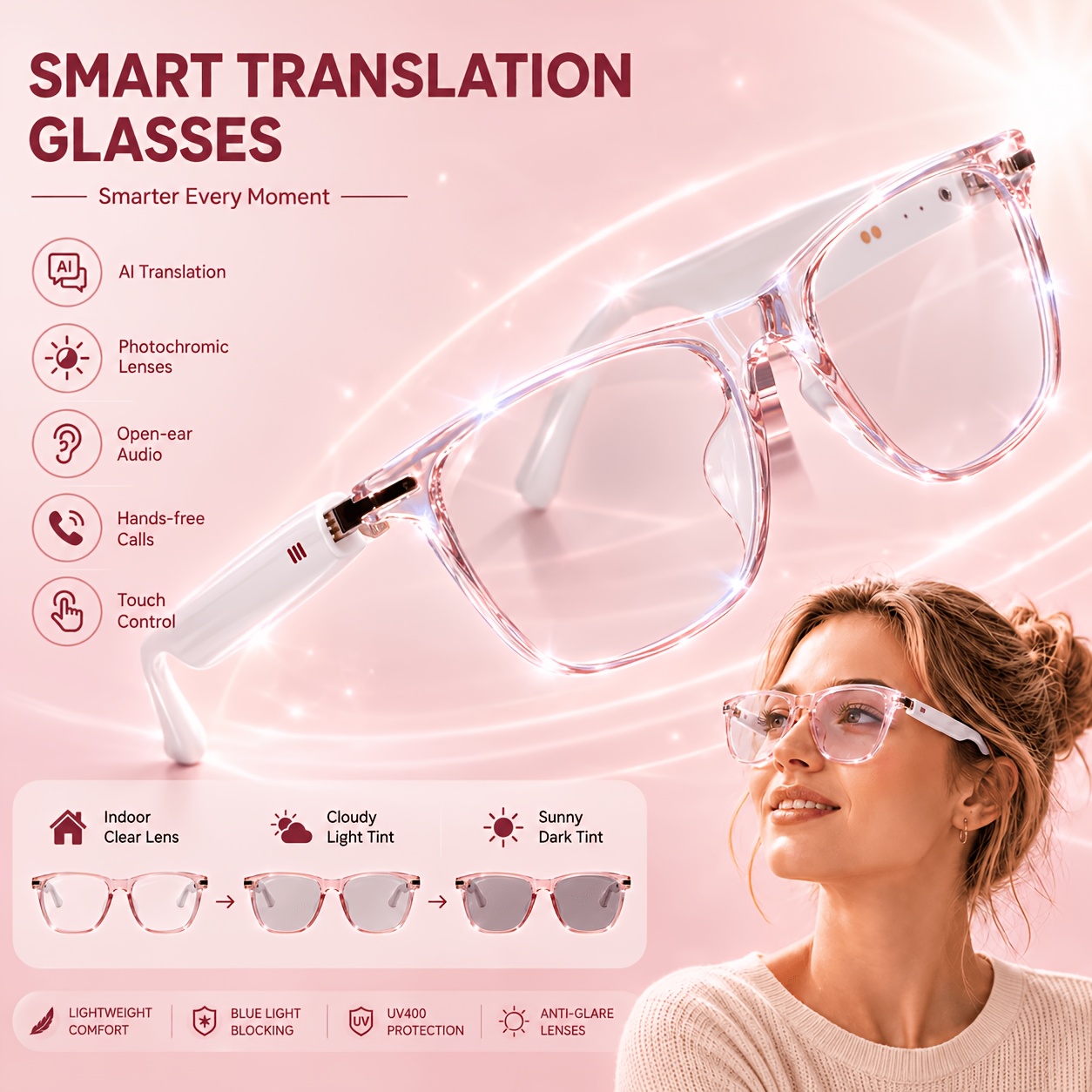 TEMU Ai Smart Glasses With Real-time Translation & System Suitable For Driving, Travel, Office - Multifunctional Audio Glasses, Built-in Mic/speaker,