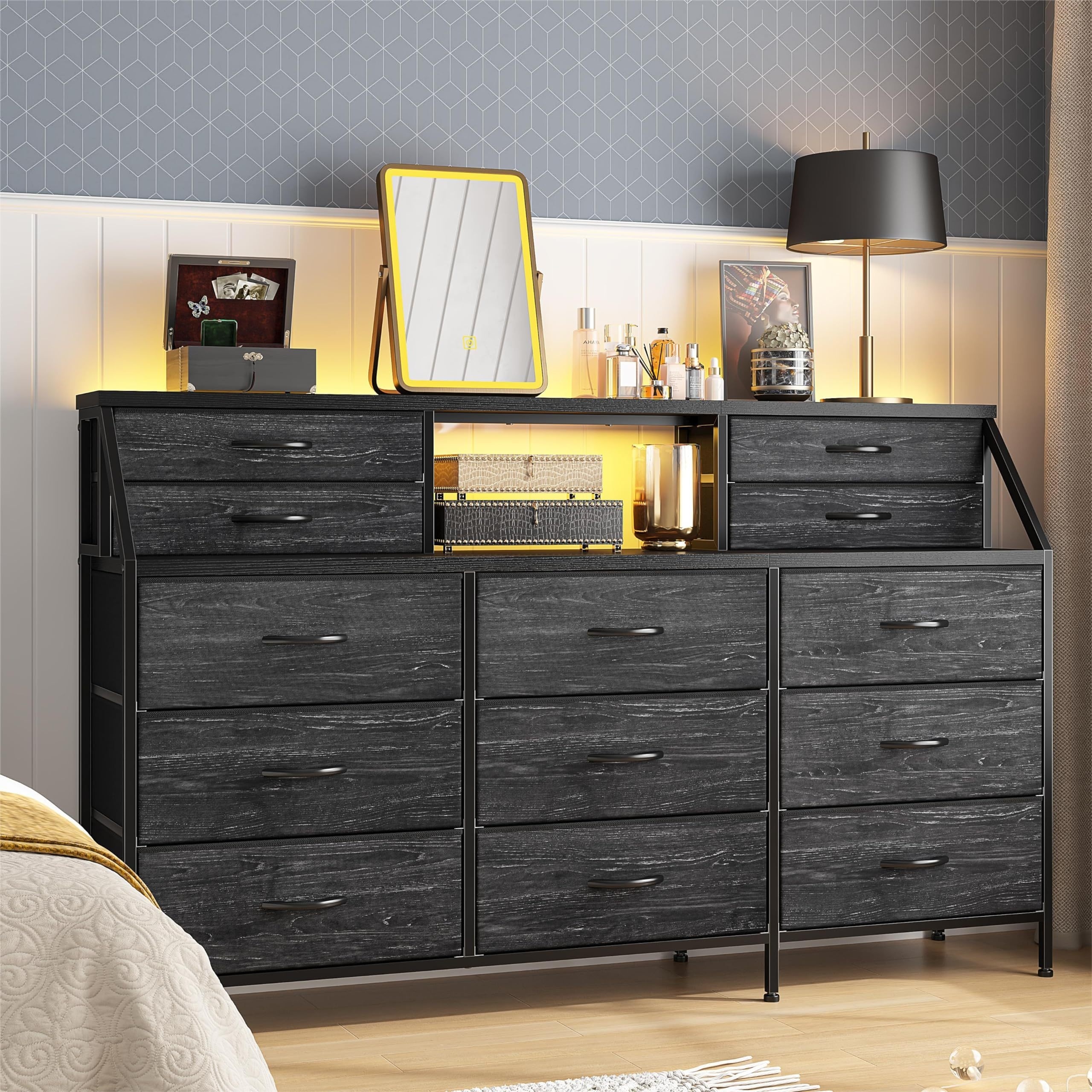 

55"w Black Dresser, Dresser For Bedroom, Dresser With 13 Large Drawer, Dressers & Chests Of Drawers, Black Dresser For Bedroom, Long Dresser For Closet With 2 Shelves