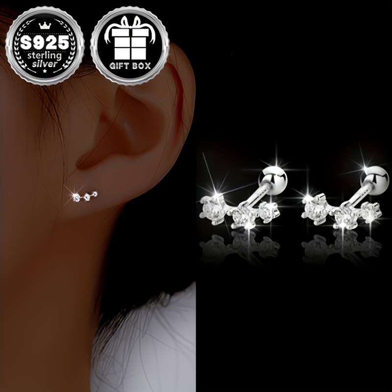 

2pc925 Sterling Silver Hypoallergenic Triple Row Drill Stud Earrings Screws Simple Classic Elegant Earrings (about 0.71g)