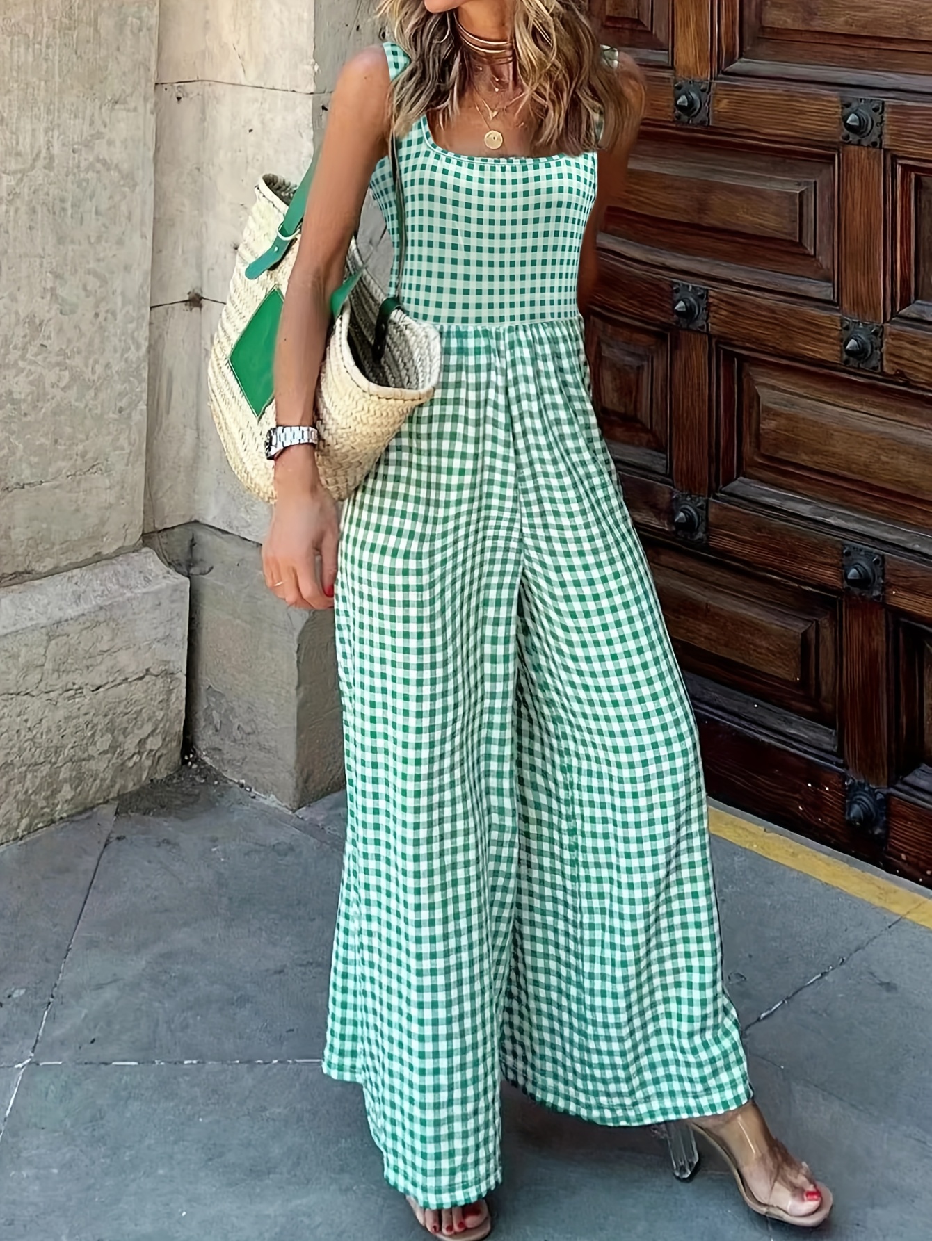 womens french country checkered print sleeveless dress wide Temu