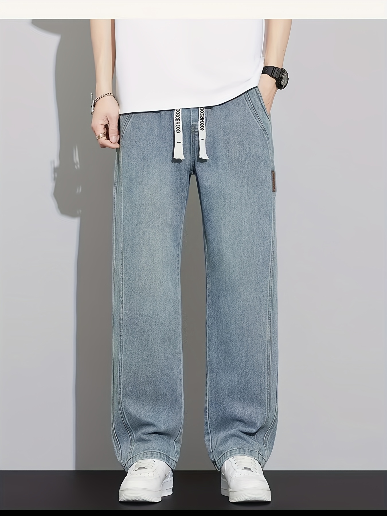 Men's Summer Casual Loose Straight-Leg Jeans - Elastic Drawstring Waist, Lightweight Denim, Streetwear Fashion, Mid-Rise Regular Length Pants for Teens & Young Adults, Casual Attire | Wide Leg Jeans | Denim Trousers