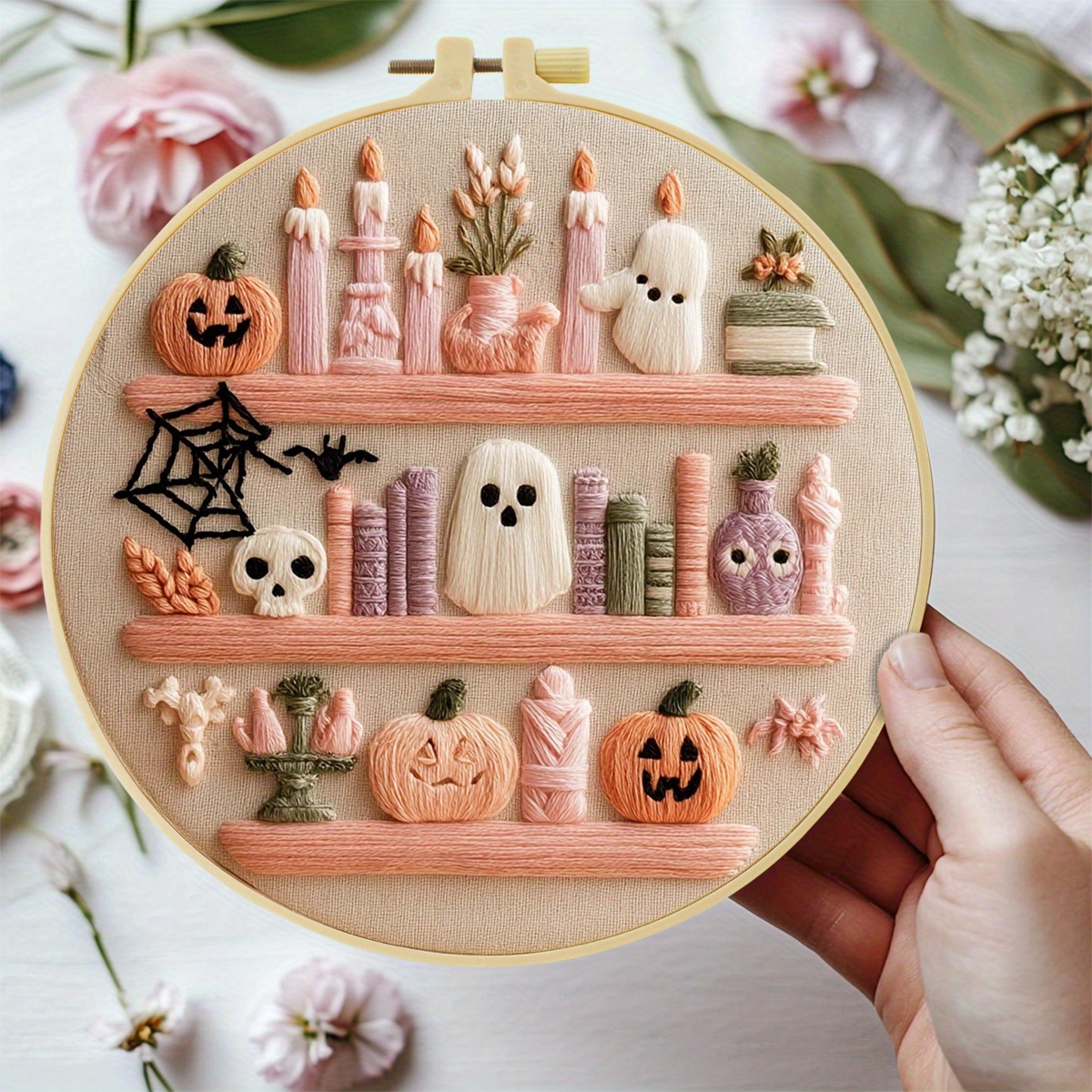 TEMU Kit de Bordado, 20 X 20 cm / 7.9 X 7.9 Pulgadas, Serie Halloween Rosa, Kit de Bordado DIY, Adecuado para Principiantes Adultos, Tela Bordada,