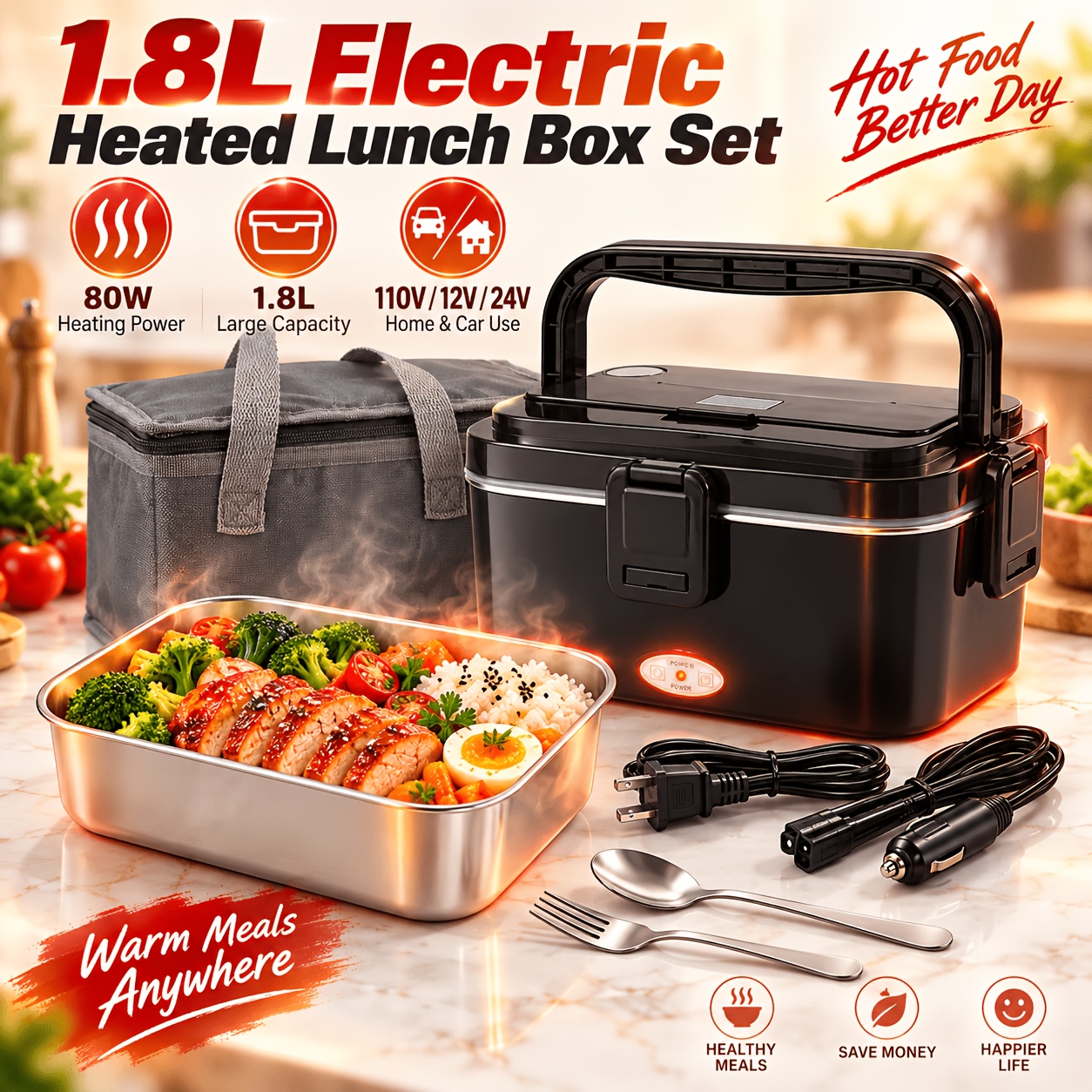 TEMU 1.8l Heated Lunch Container, Food Warmer With Insulated Bag And Complete Cutlery Set, Portable Heating Lunch Box, For Home Office Picnic Work