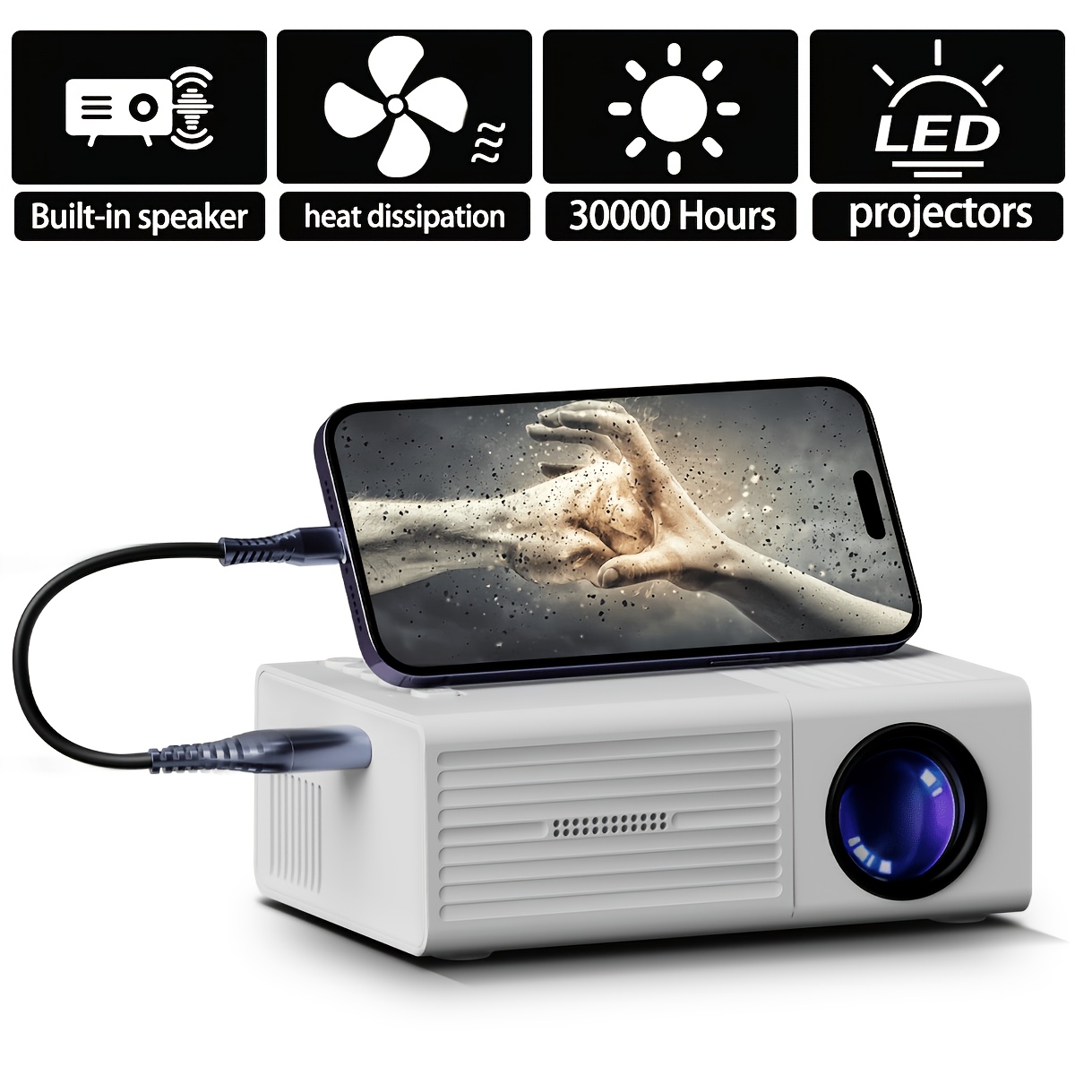 TEMU Portable Projector, Intelligent Video Projector, Supports 1080p High-definition Display, Equipped With Remote Control, Usb Connection, Lcd