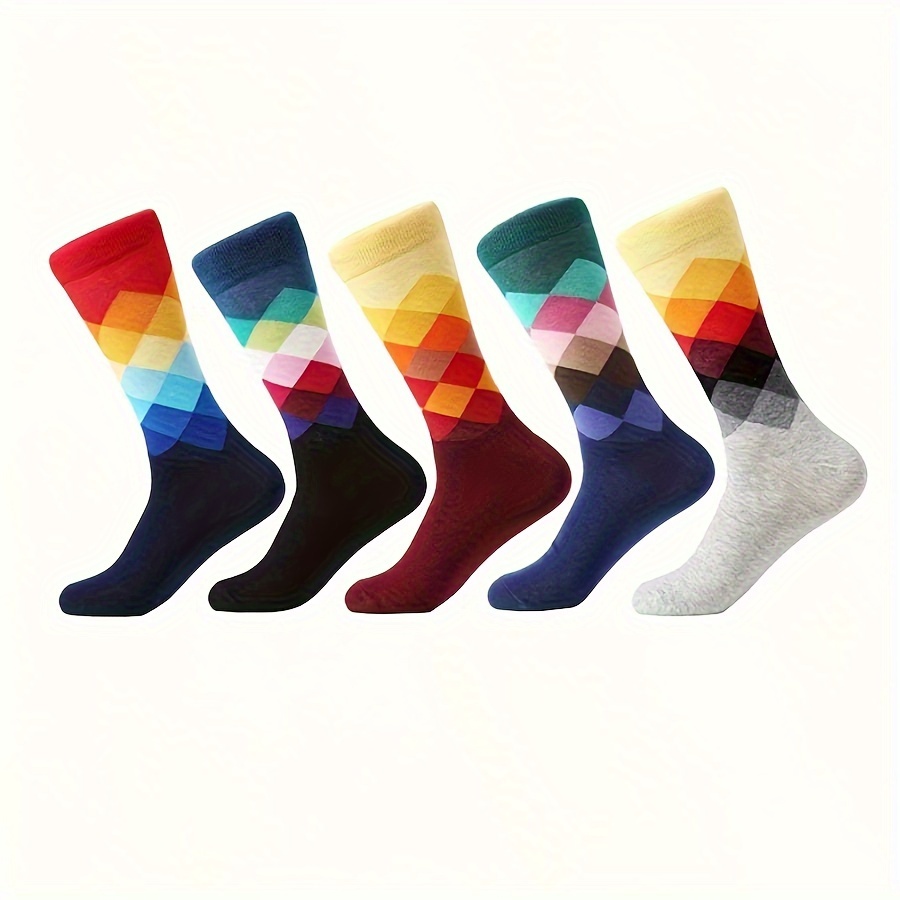 

5-pack Men's Argyle Cotton Socks, Diamond Pattern, Fashion Casual Mid-calf Socks, Hand Wash Or , Knit Fabric