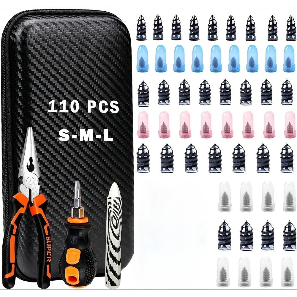Image of Tire Plug Kit, 110pcs Tire Repair Kit With Tire Plugs Screw 3 Sizes, No Tire Removal Needed, Quick Screw-in Roadside Repair With 105 Plugs, Pliers, Screwdriver, Gloves & Bag For Car Suv Truck