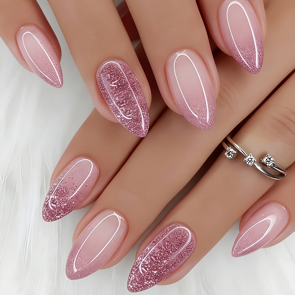 30pcs Medium Almond Press On Nails Glossy Nails Purple Fake Nails French Style Glitter Pattern Artificial Reusable False Nails For Women And