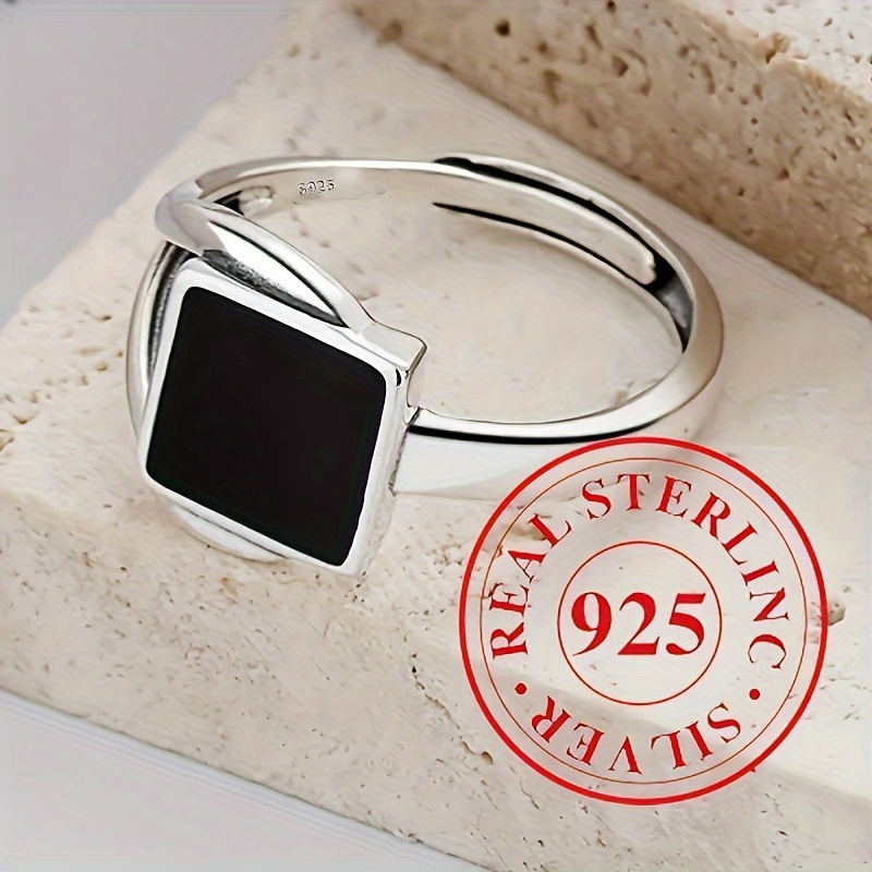 TEMU 925 Sterling Silver Personality Black Square Design Ring For Women Men Vacation Hip Hop Party Daily Wear Open Adjustable Ring