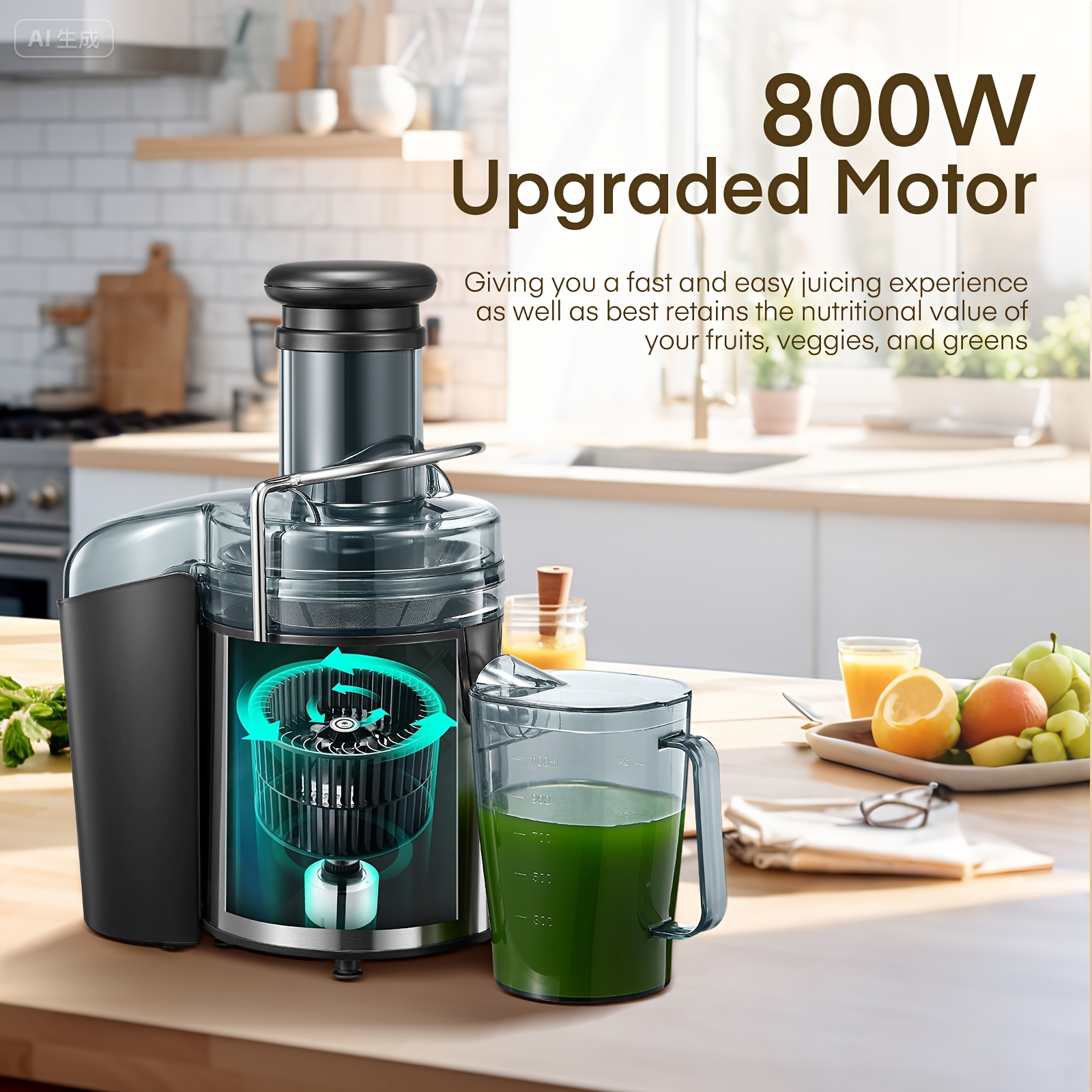 75mm Stainless Steel Juicer with 2-Speed Adjustable Settings, 800W High-Power Whole Fruit And Vegetable Juicer Machine with Anti-Drip Spout, Juice Booklet, And Brush for Easy Cleaning, Kitchen Appliance, Modern Kitchenware, Durable Construction