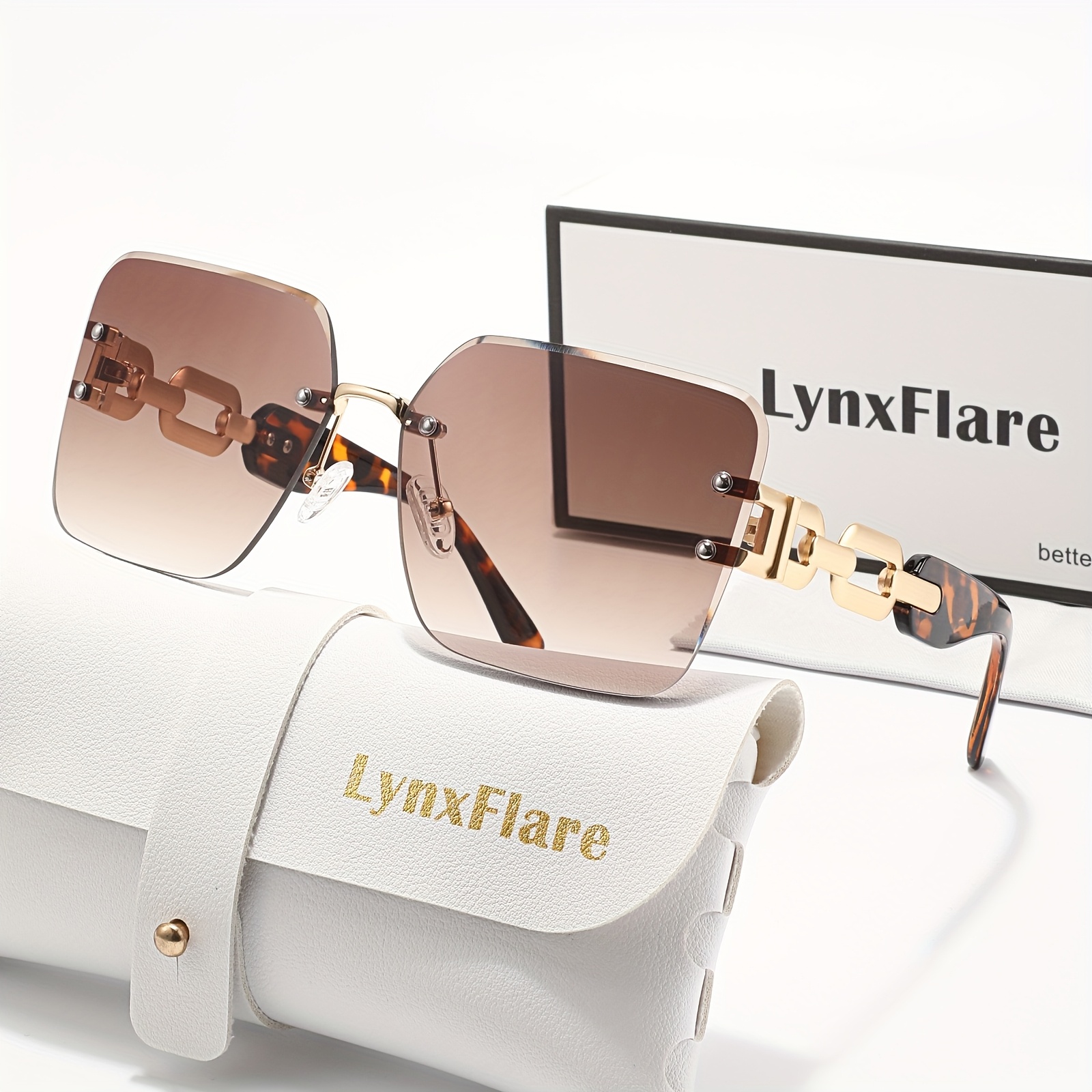 Image of 1pc Easy Comfortable Fashion Full-frame Square Frame Lynxflare New European Square Frameless Sunglasses Uv400 Chain Temples/street Style Women' Pc Glasses Versatile Easy Lens