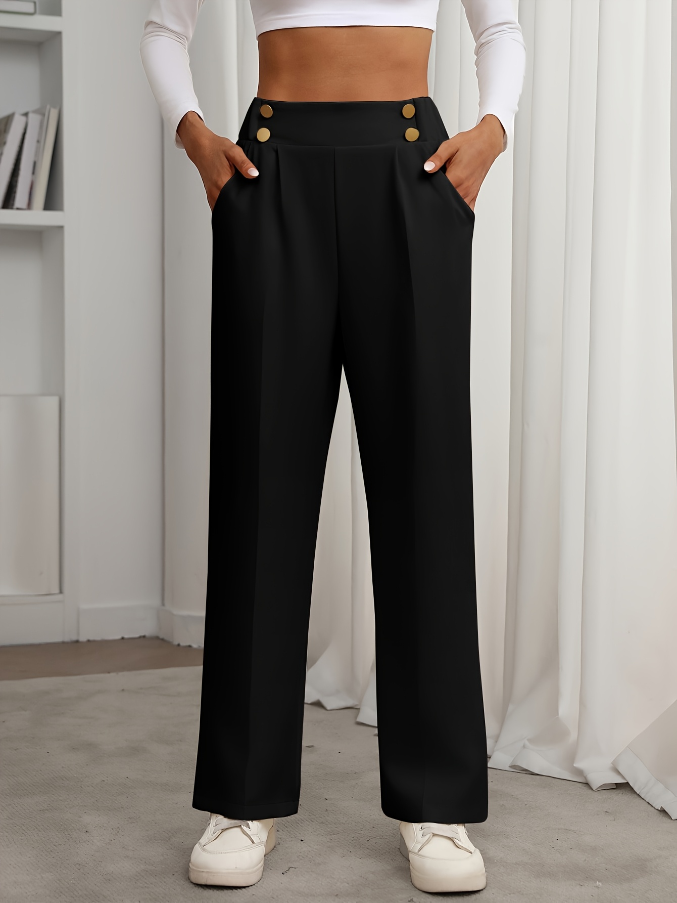 women's elegant high-waist wide leg pants with decorative buttons - beige,  pleated detail, machine washable, , cute pants - women's clothing - Temu  Mauritius