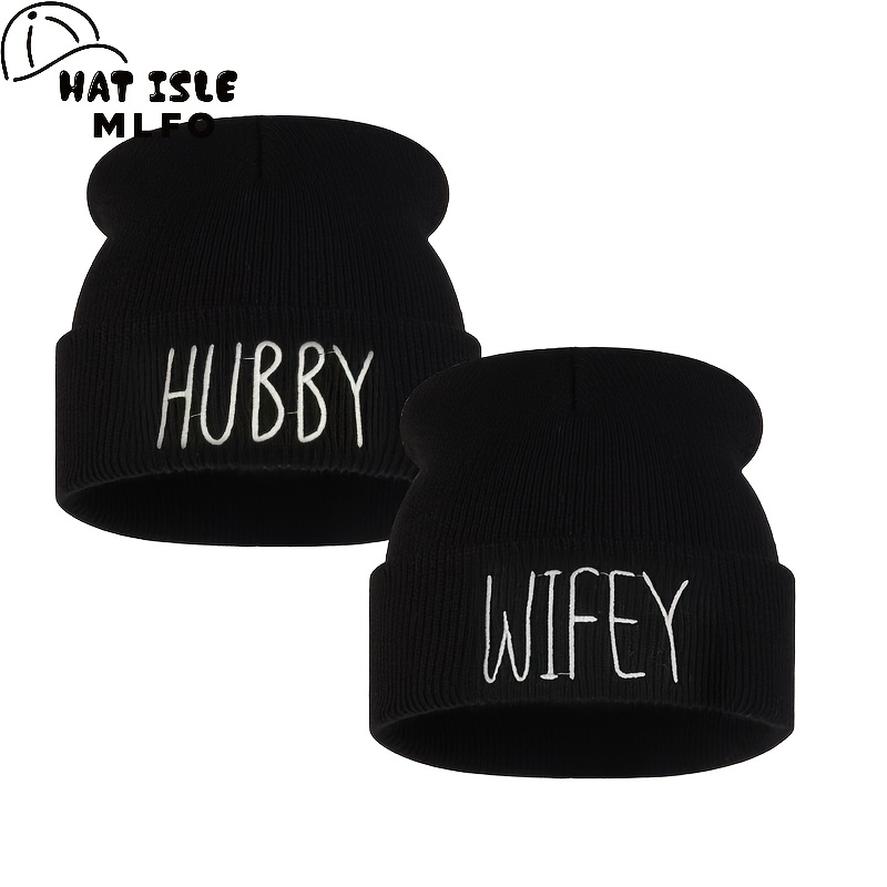 TEMU 2pcs Trendy &wifey Embroidered Hats - Soft, Comfortable, And Featuring A Trendy, . Wear, Staying Warm Outdoors, Camping, Vacations, Winter , And