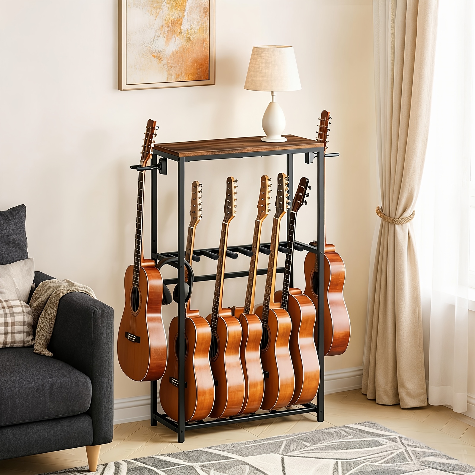 Image of Guitar Stand, Capacity 7 Guitars, Suitable For Acoustic Guitar, Electric Guitar, , Ukulele, Banjo, And Turntable Display Rack, Eva Foam Padding, Suitable For Music , Black/gray/white/brown