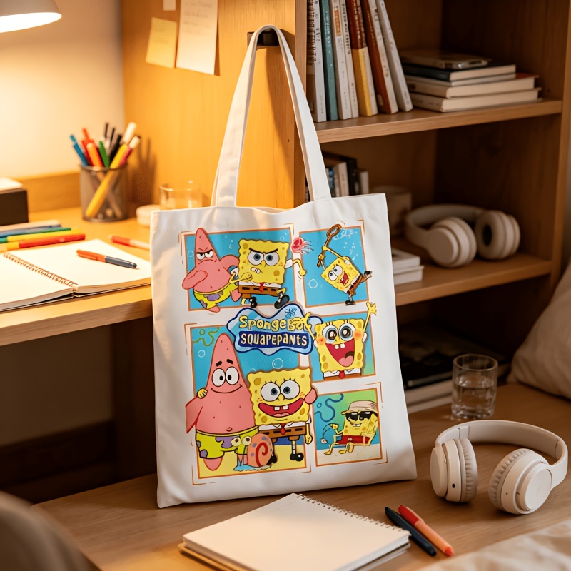 TEMU Sac Spongebob, Sac en toile imprimé de dessin animé, Grand sac à bandoulière de grande capacité, Sac de courses à main pour les quotidiens, Sac