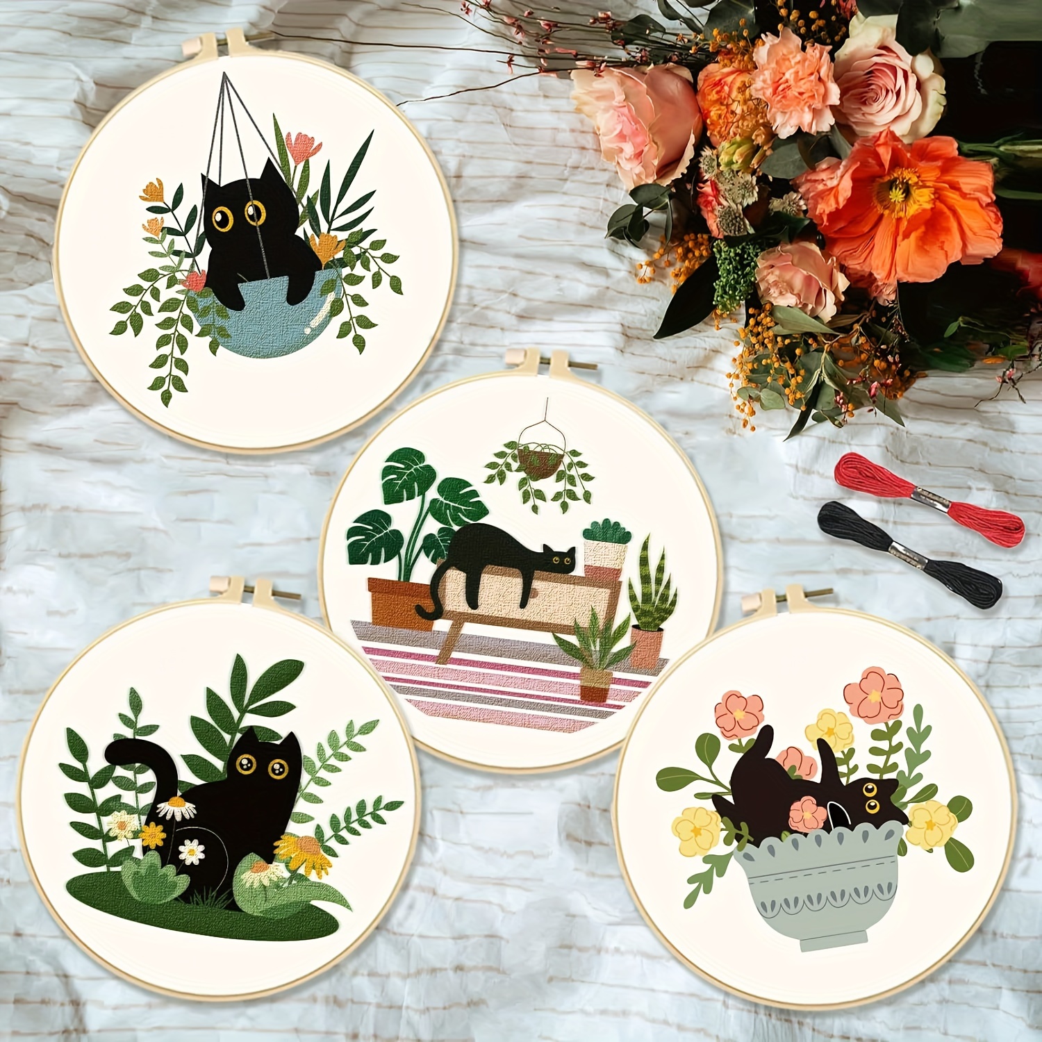 4pcs Black Cat And Greenery Pattern Embroidery Kit, Beginner-friendly Animal Theme Printed Cross- Craft Set, Includes 4pcss Printed Embroidery Cloth, Embroidery Tools, Threads And Manual