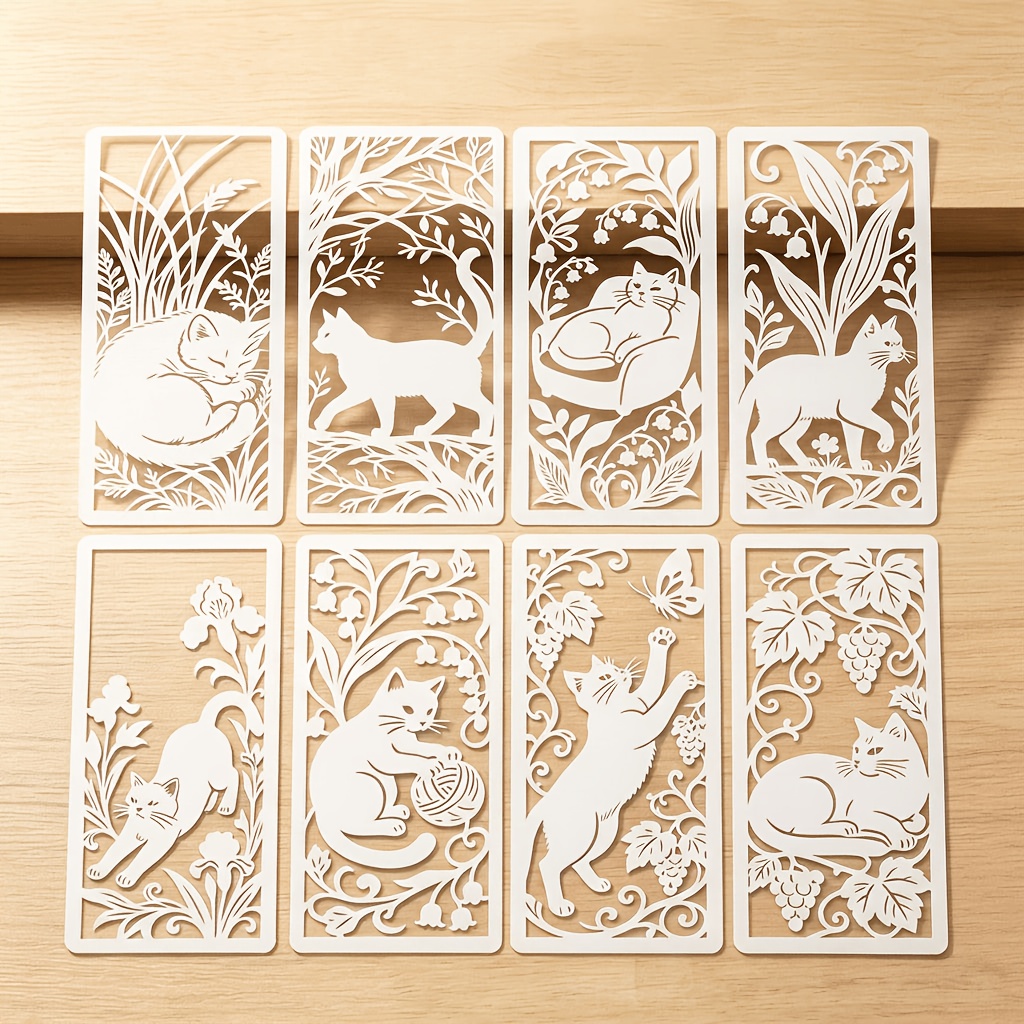 TEMU 8pcs Set Of Long Rectangular Kitten Floral Hollow Painting Templates, Retro Pastoral Kitten Flower Grape Lily Pattern Hand-painting Template,