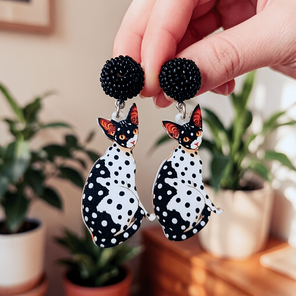 Handmade Cute Y2K Black and White Polka Dot Cat-Shaped Earrings