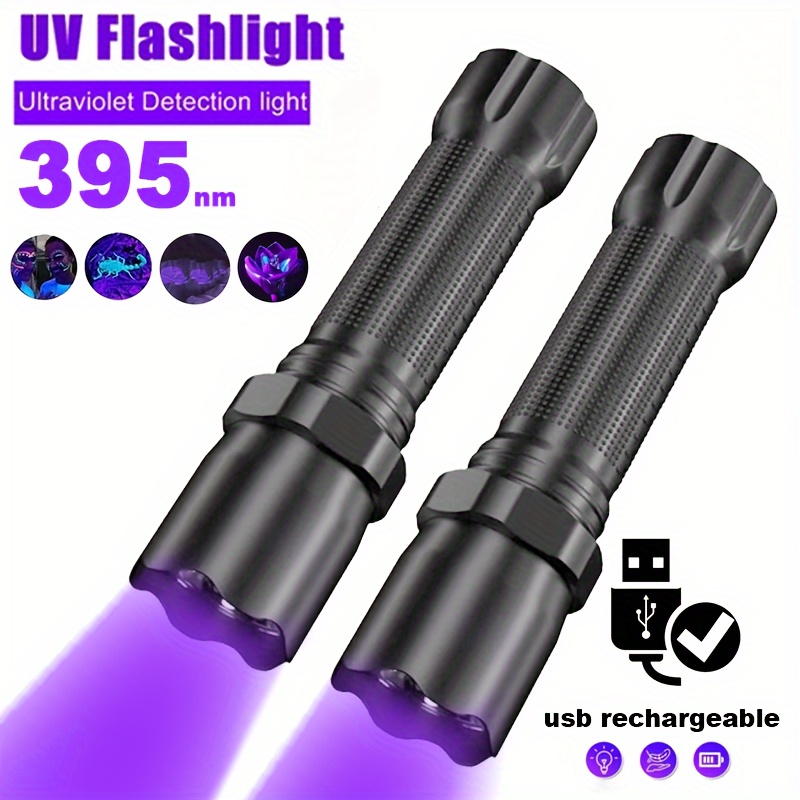 

2-pack 395nm High- Uv Flashlight, 3 Lighting , 150-350 , Usb Rechargeable, 400mah Battery, 200m Range, High-reflective Polymer, Case Included, For Pet Urine Detection, Resin Curing, Hotel Cleaning