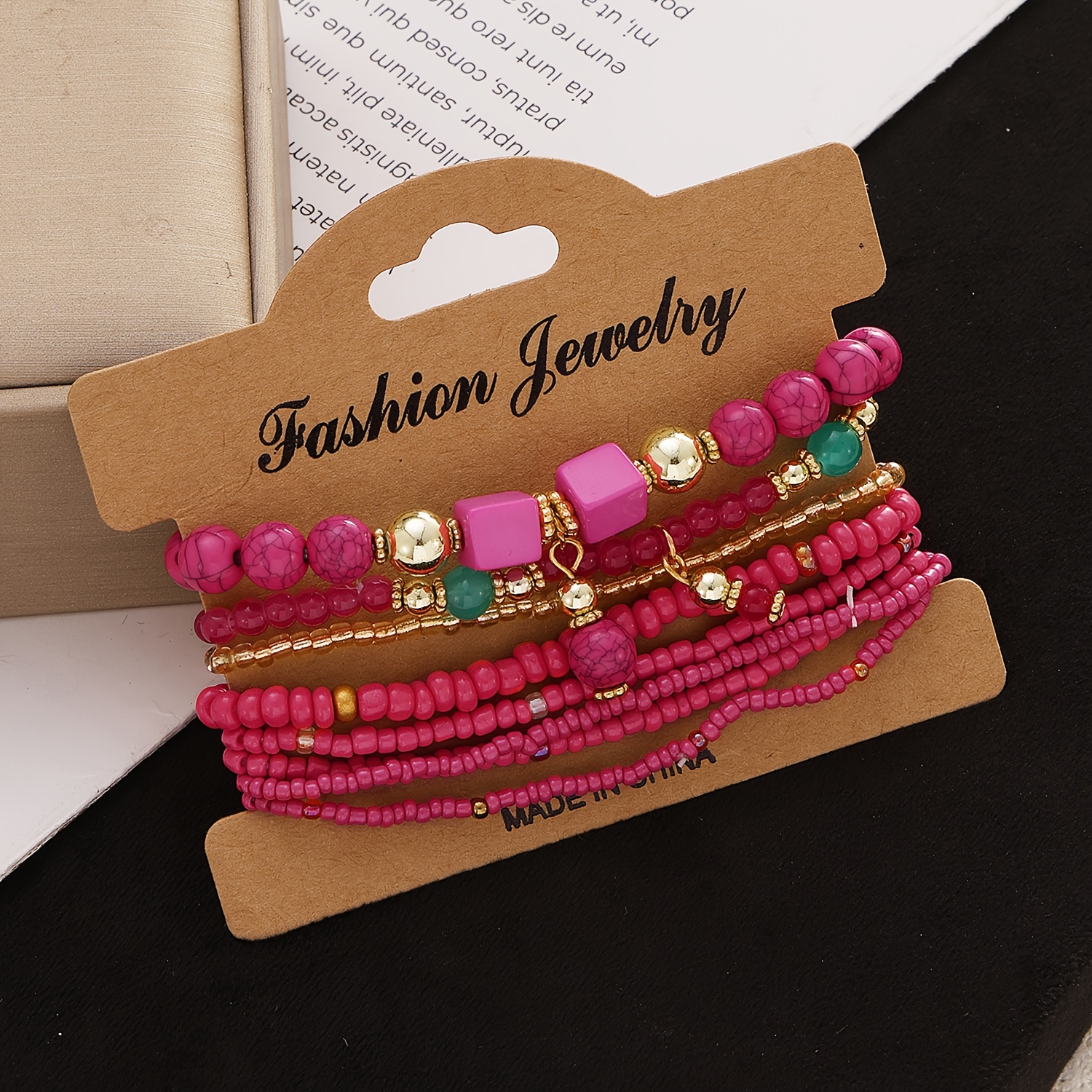 TEMU Juego de 8 pulseras de cuentas de semilla de color rosa, elasticidad multi-capas, apilables, estilo retro, adecuadas para uso diario y