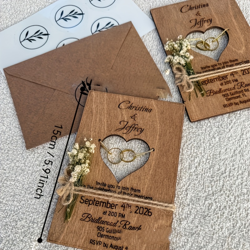 TEMU Adorno decorativo de madera para de boda personalizada, tarjeta de vintage de madera, sobre con temática de bosque para o aniversario de boda