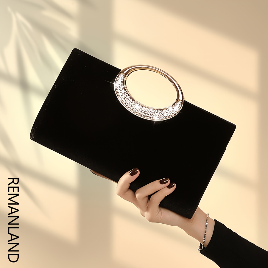 TEMU Elegant Velvet Evening Handbag For Women, Rhinestone Embellished Circular Ring Handle Clutch, Removable Chain Crossbody Purse For Formal