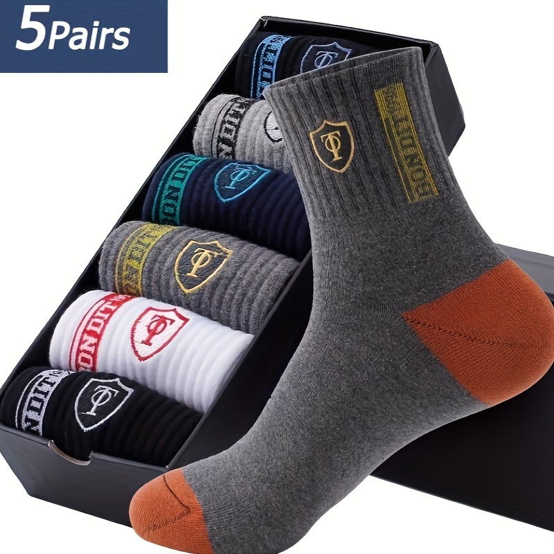 

5 Pairs Men's Athletic Crew Socks - Moisture-wicking, Breathable, Sports Socks With Stylish "sports" Design In Assorted Colors (blue, Black, Gray, White, Red)