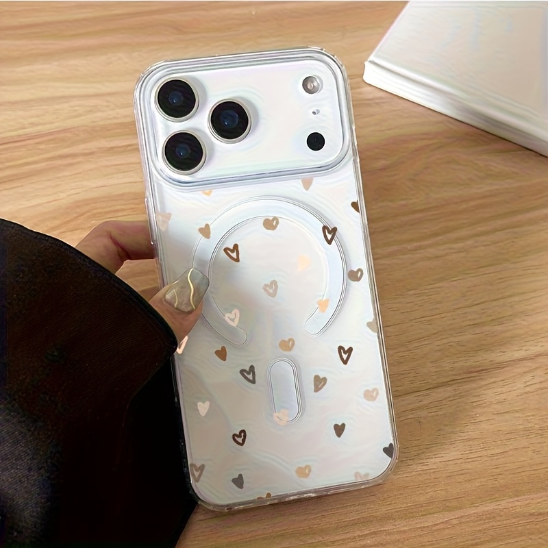 TEMU Phone Case - 1pc Fashion Brown Heart Pattern Shockproof Phone Case, Supports Wireless Charging For Iphone 17/17 Pro/17 Pro Max/17 Air/16/16 Pro