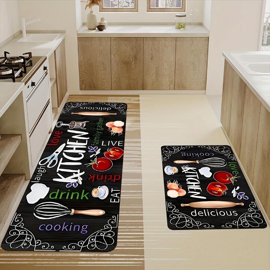 

2-piece Kitchen Rug Set, Machine Washable, Non-slip Rubber Backing, Polyester Comfort Standing Mats, Rectangle, Machine Made Cooking Theme Floor Carpets (40x60cm & 40x120cm)