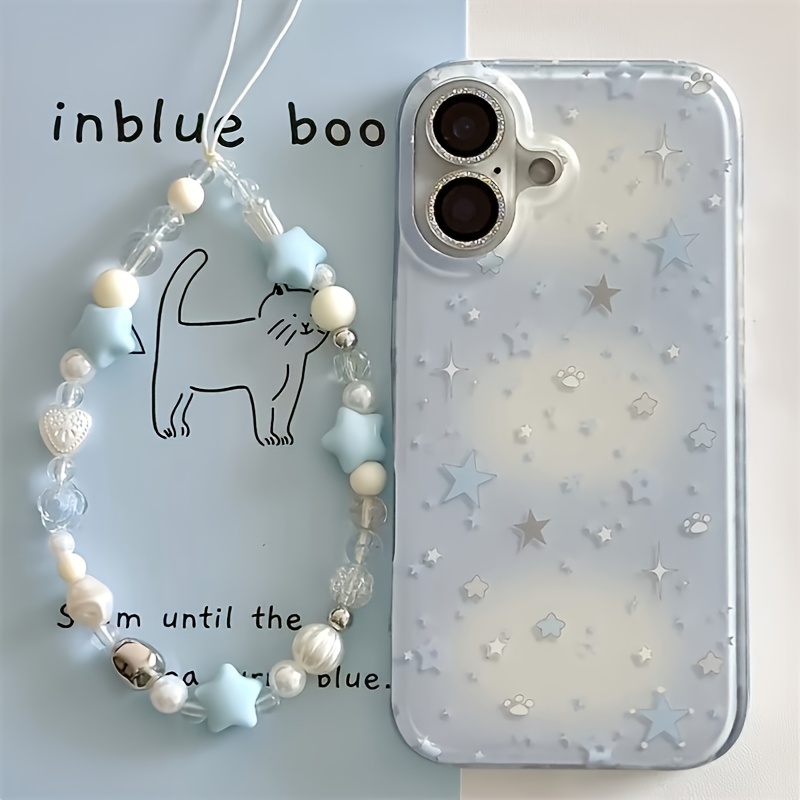 TEMU Phone Case - White Light Solid Color White Background Double Layer Color Gradient Star With Beaded Chain Iphone11 12 13 Pro Max Phone Case~hl