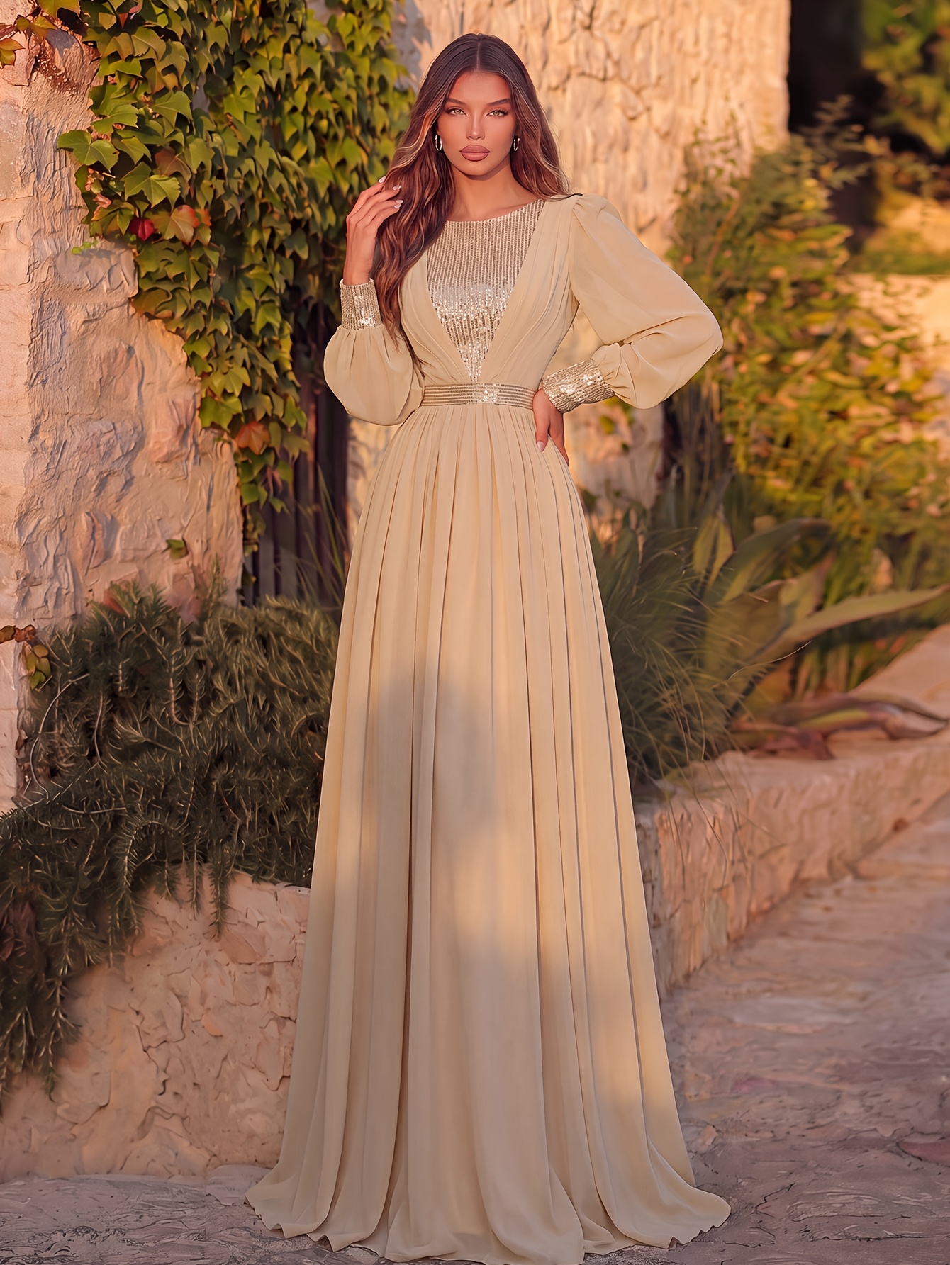 elegant sequin party dress long sleeve round neck formal
