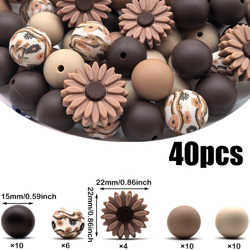 Image of 20/40pcs Silicone Beads, 22mmdaisy Floral Themed Brown Mixed Loose Beads, Ideal For Craft Enthusiasts To Make Bracelets, Bag Charms, Phone Chains, Daily Decorations And Festival Gifts