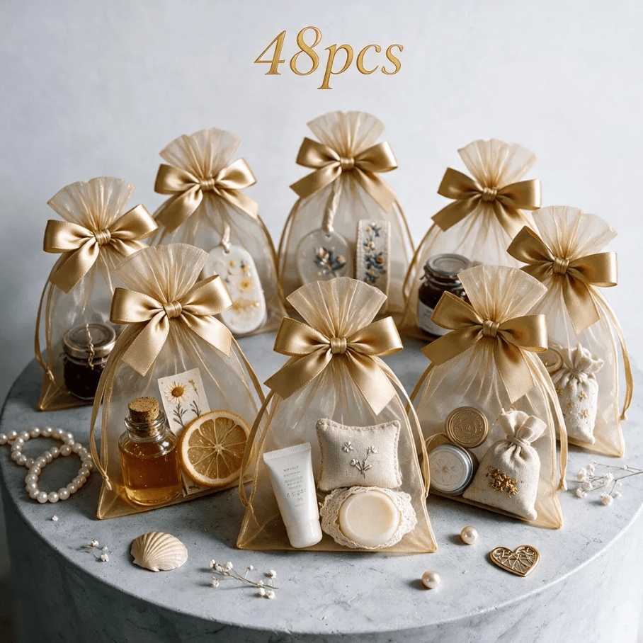 TEMU 48pcs Golden Organza Bags, Golden Mesh Drawstring Gift Bags With Bow Decoration, Transparent Small Gift Bags, Suitable For Wedding Party Favors,