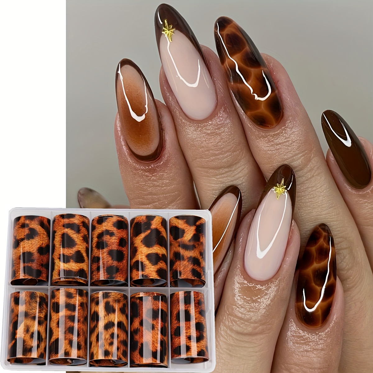 E-shop 10 Leopard- und Cheetah-Nageltransfers - Selbstklebendes, glänzendes braun/schwarzes Tierdruckpapier, präzise vorgeschnittene Muster, einfach