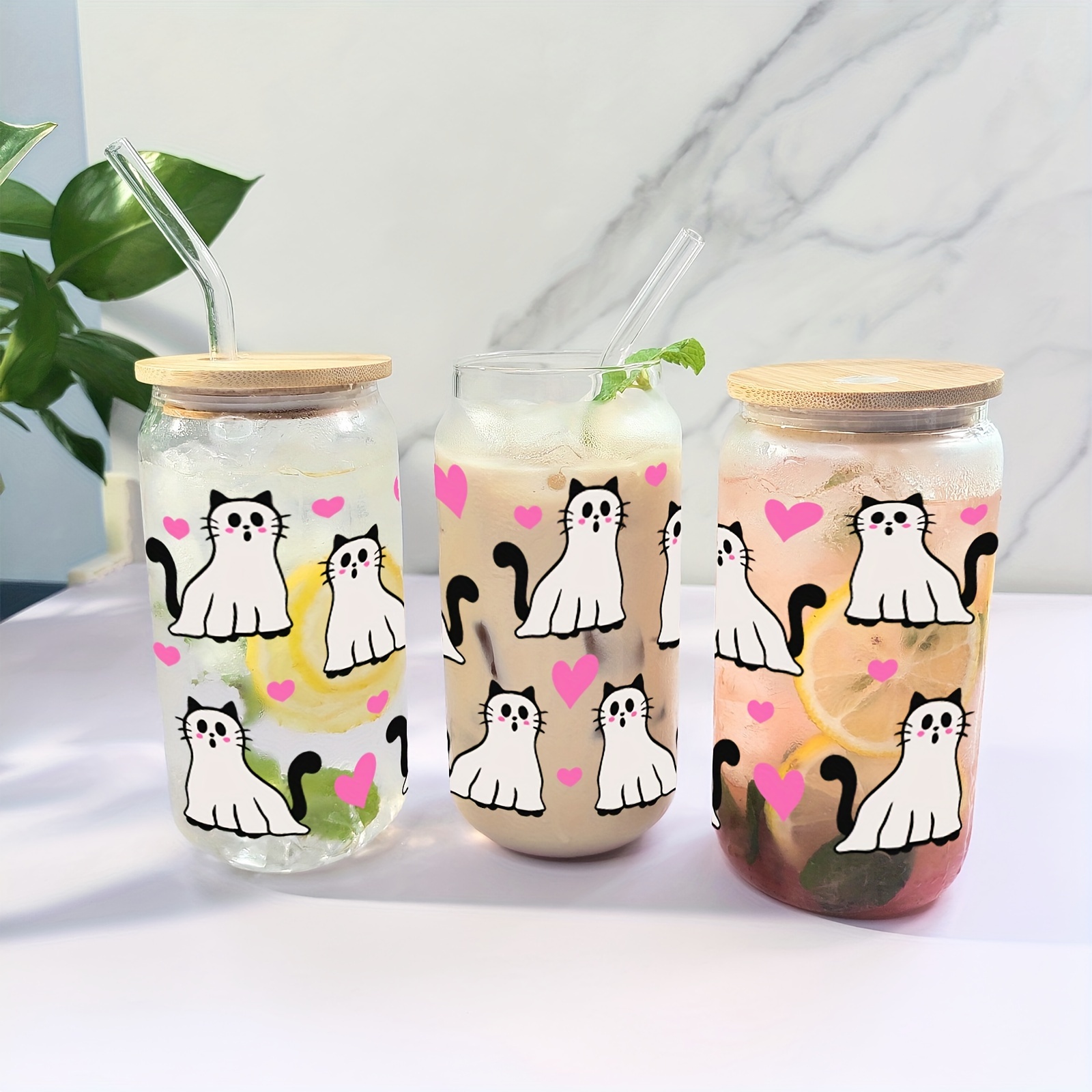 

Adorable Cat 16oz Glass Cup With Bamboo Lid & Straw - Reusable, Washable Drinking Jar For Iced Coffee, Juice, Milk - Perfect For Birthday, , Back To School Gifts