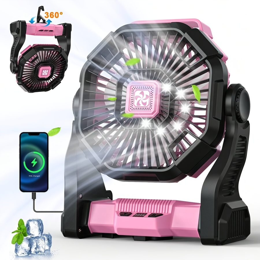 TEMU Portable Camping Fan With Led Lantern, 3-in-1 Rechargeable Outdoor Fan, Usb Powered Mini Fan With Hanging Hook For Tent, Patio, Fishing, Picnic,