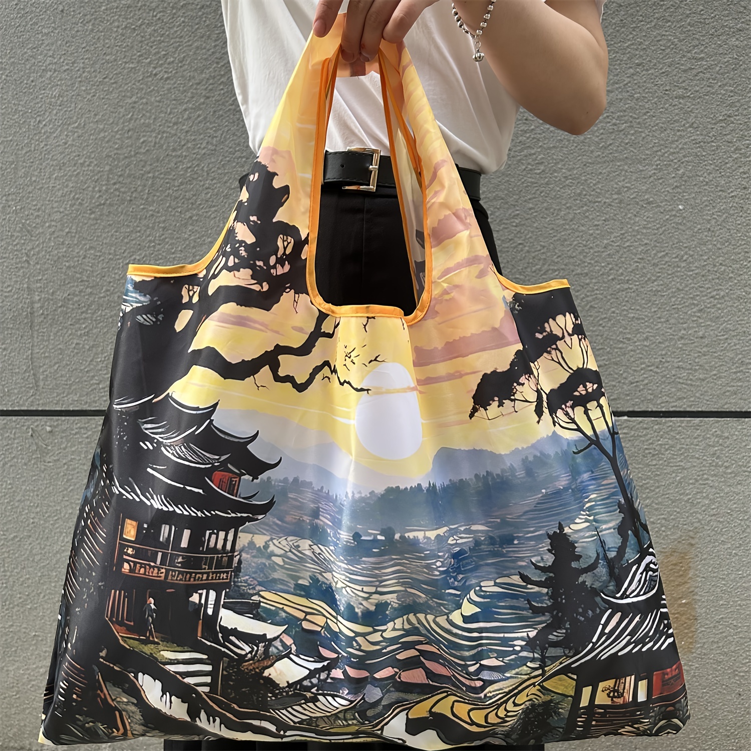 Large Capacity Portable Shopping Bag, Lightweight And Foldable, Oil Painting Style Tote Bag, Single Shoulder Handbag