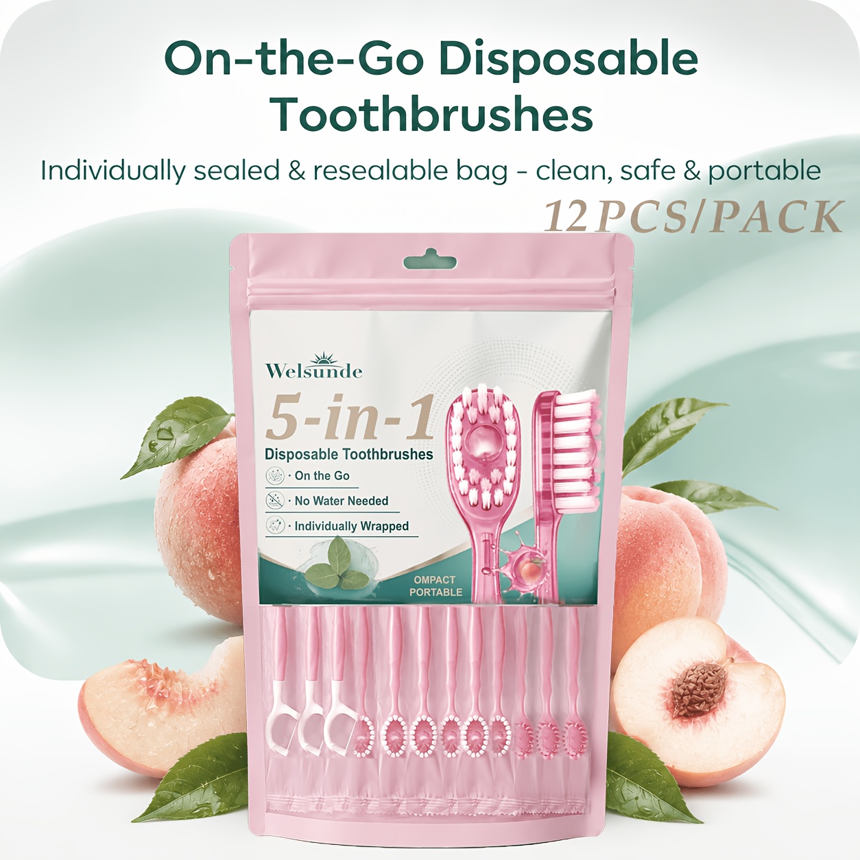 12pcs 5-In-1 Peach Pop Beads Travel Toothbrush Set