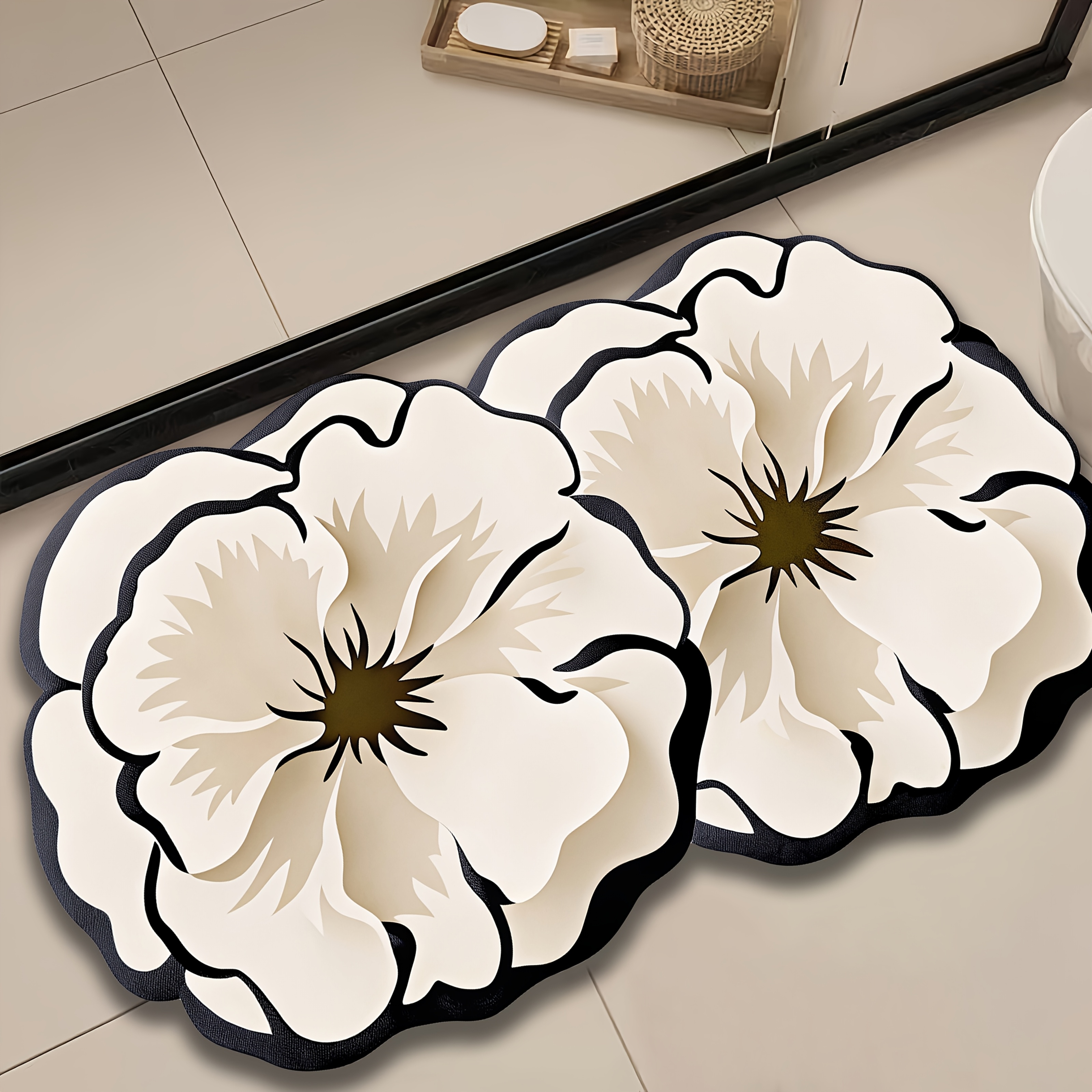 Image of A Camellia Patterned Diatomaceous Earth Bathroom Non-slip Mat, Decorative Floor Mat, Super Absorbent Fast Drying Soft Shower Carpet, Easy To Clean, Strong Adsorption, Non-slip Absorbent Mat
