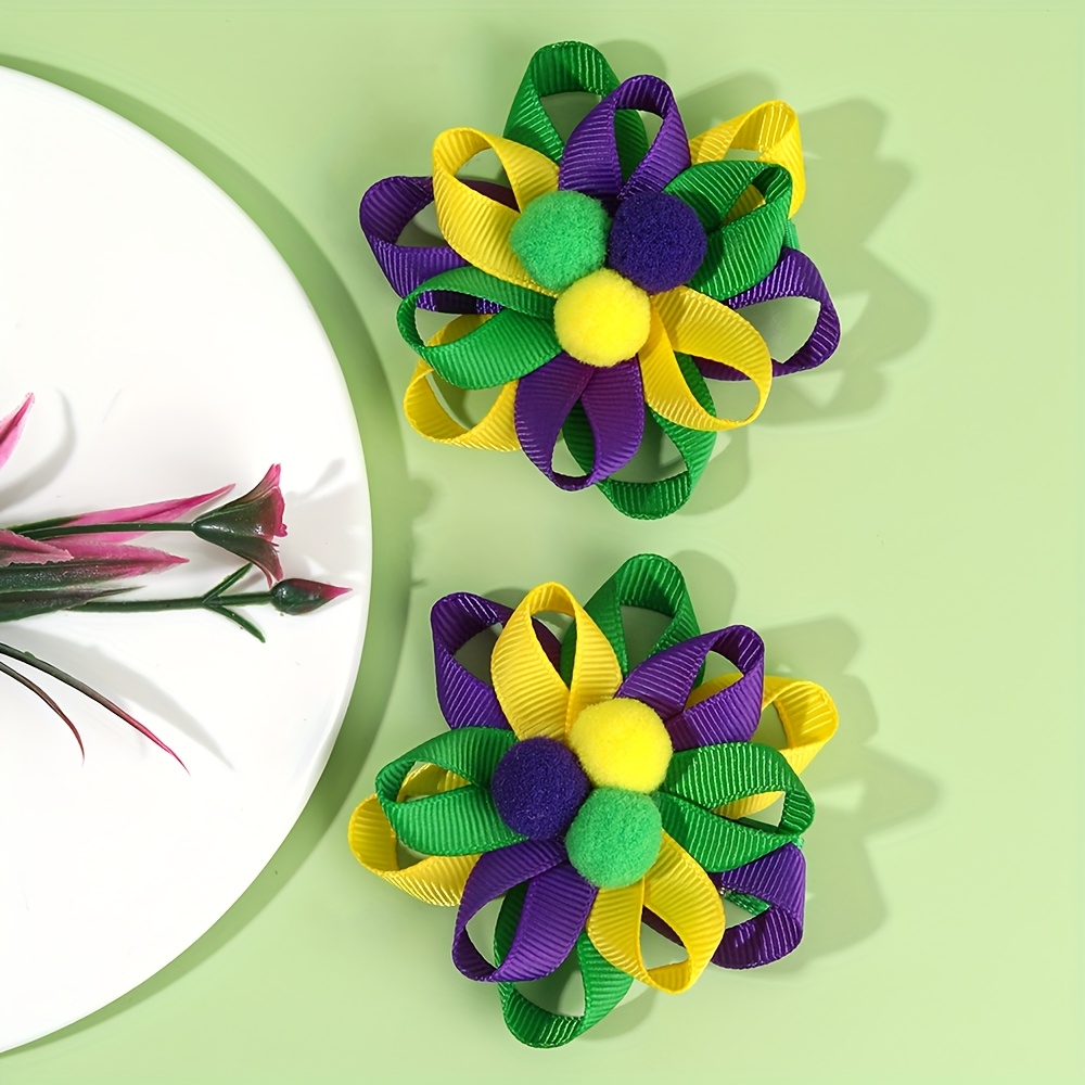 

2pcs Mardi Gras Polyester Ribbon Flower Hairpins With Pom-poms - Cute Accessories For Teens, Solid Color Non-woven Fabric Barrettes For Mardi Gras Day Celebrations